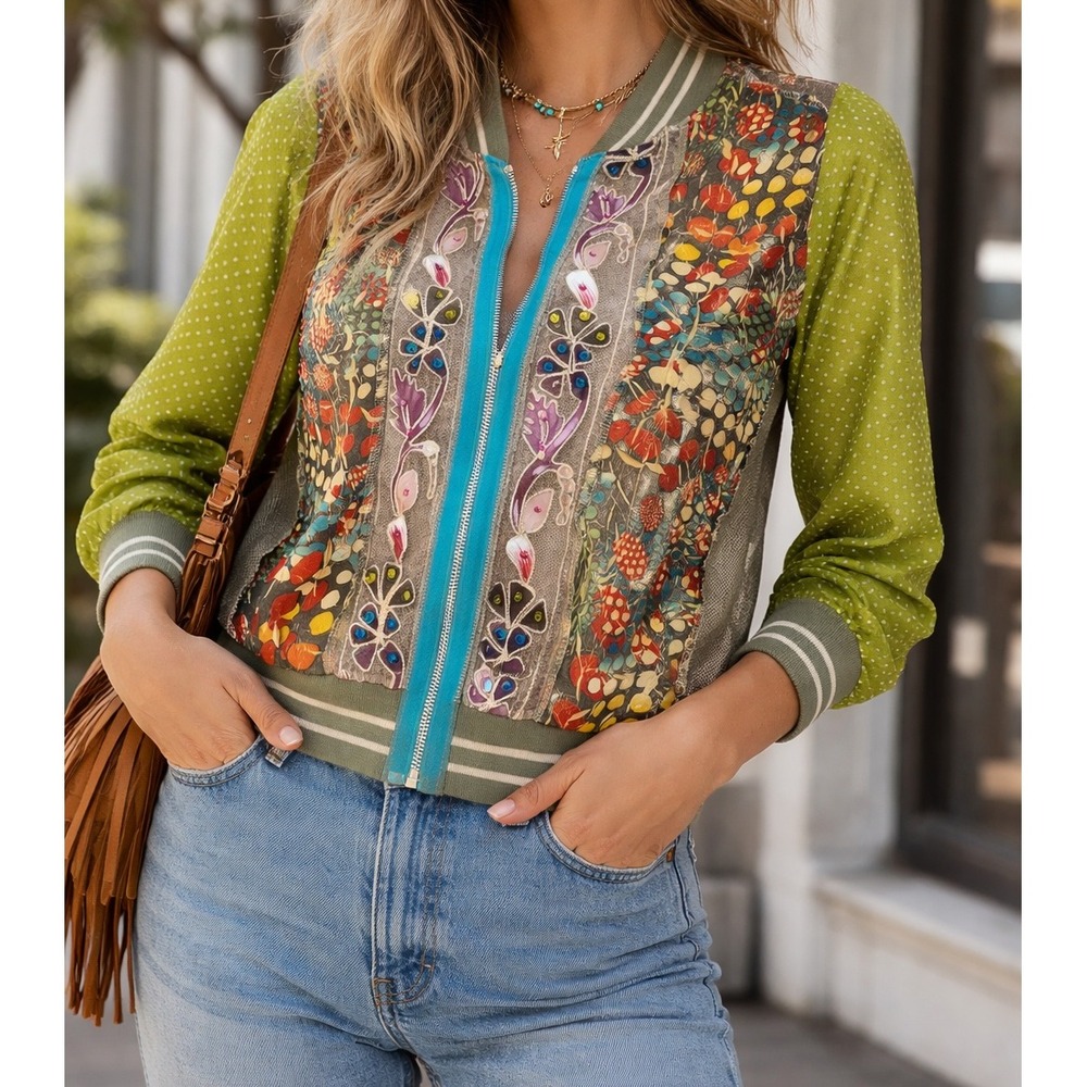 Wooxoom Paris Silk Patchwork Bomber Jacket Embroidered Mesh Green T3 Medium Rare